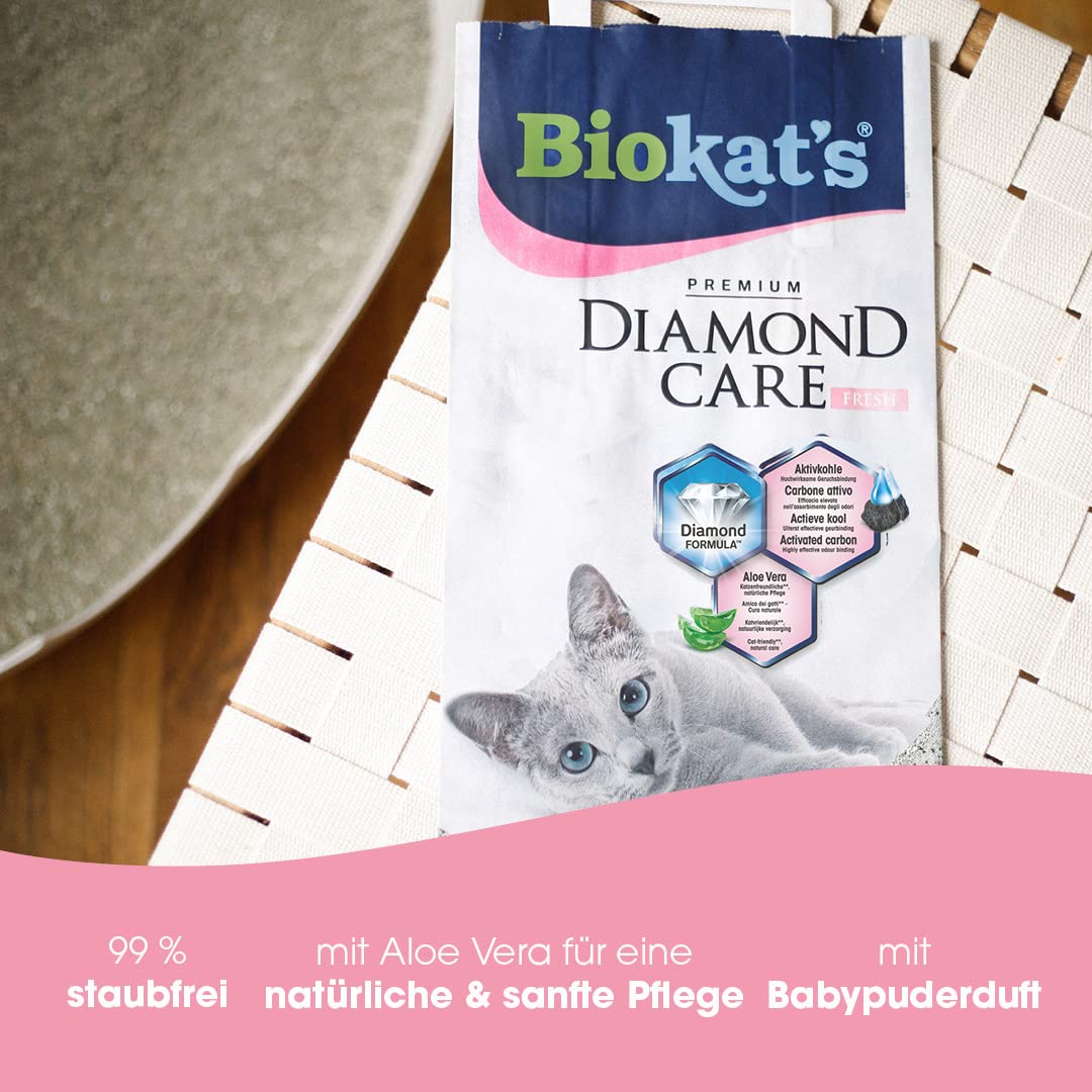 Biokat's Diamond Care Fresh Katzenstreu mit Babypuder-Duft - Feine Klumpstreu aus Bentonit mit Aktivkohle und Aloe Vera - 1 Sack (1 x 10 L)