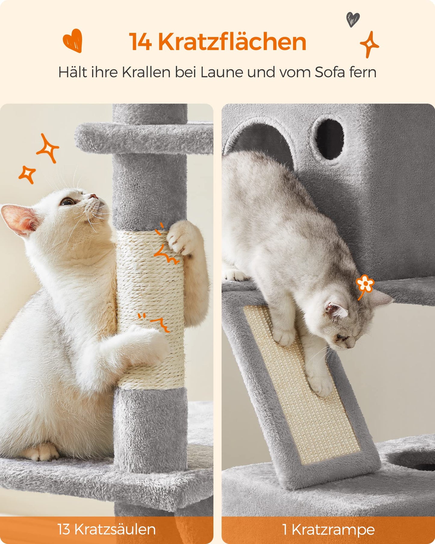 Feandrea Kratzbaum groß, 206 cm hoch, XXL Katzenbaum, mit 13 Kratzsäulen