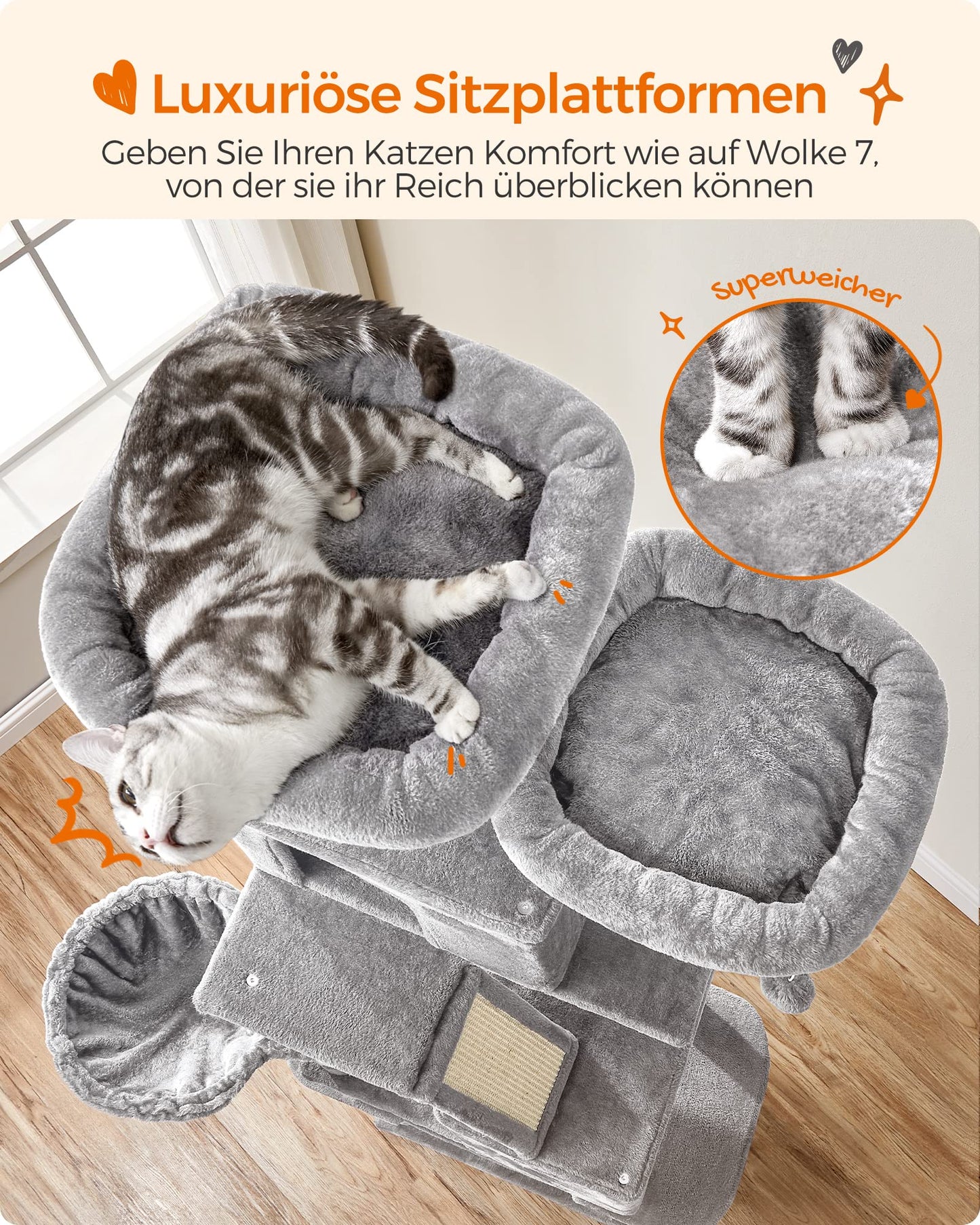 Feandrea Kratzbaum groß, 206 cm hoch, XXL Katzenbaum, mit 13 Kratzsäulen
