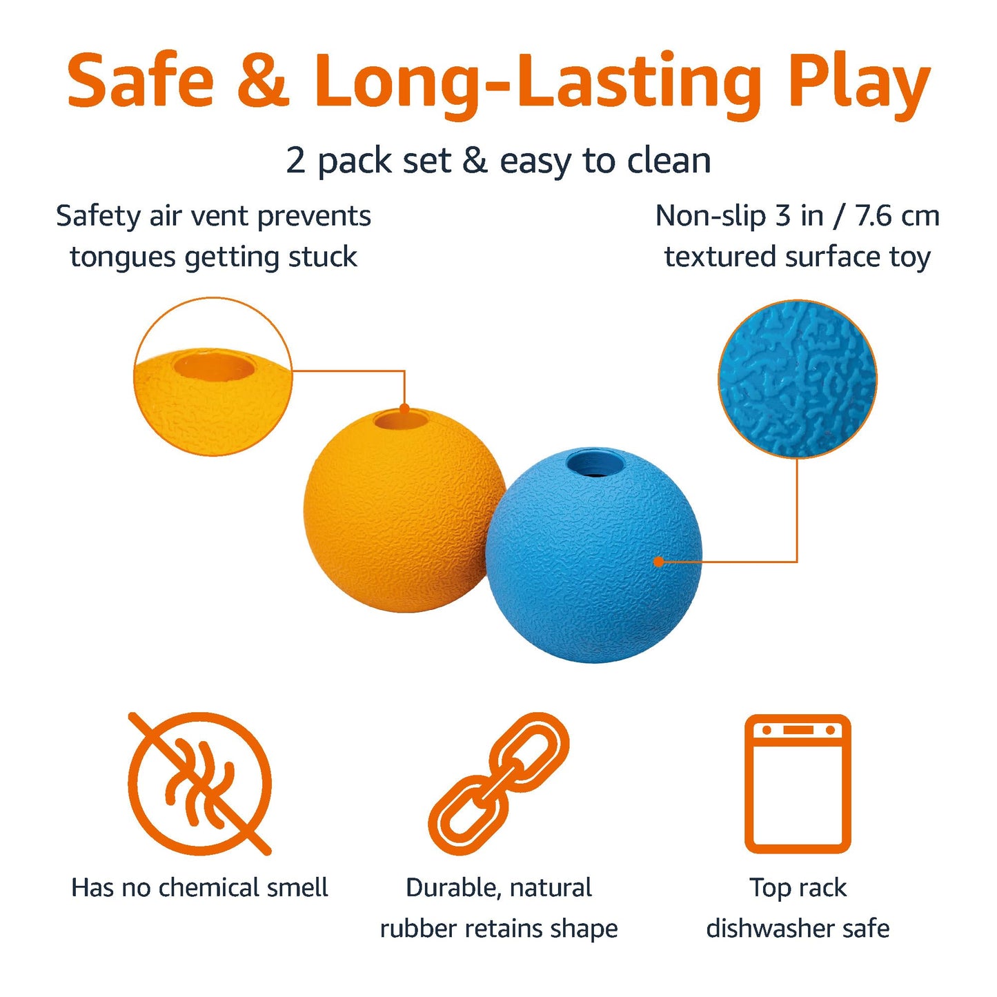 Basics Apportierbälle aus Gummi zum Spielen für Hunde, 2 Stück, 7.62 cm, Blau, Orange