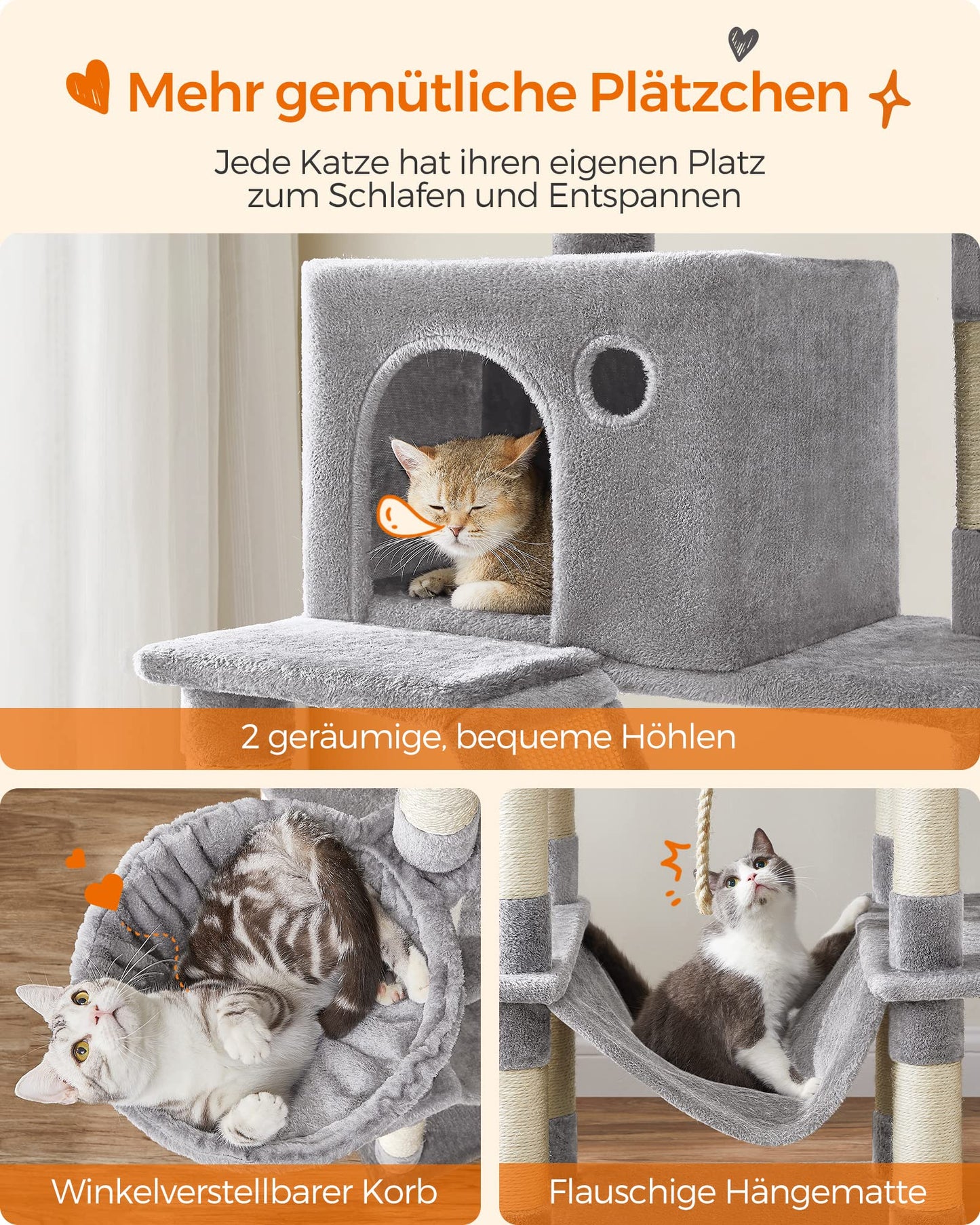 Feandrea Kratzbaum groß, 206 cm hoch, XXL Katzenbaum, mit 13 Kratzsäulen